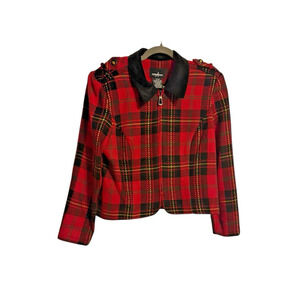 Vintage Positive Attitude Red Plaid Jacket Size 14 Petite Black Collar Zip Front